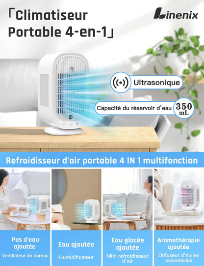  Climatiseur Mobile, Climatiseur Portable, Refroidisseur D'air 4 En 1, 45°/90°/120° Oscillation, 5 Vitesses, 2 Modes De Brume, Avec Affichage LED, Idéal Pour Maison, Bureau