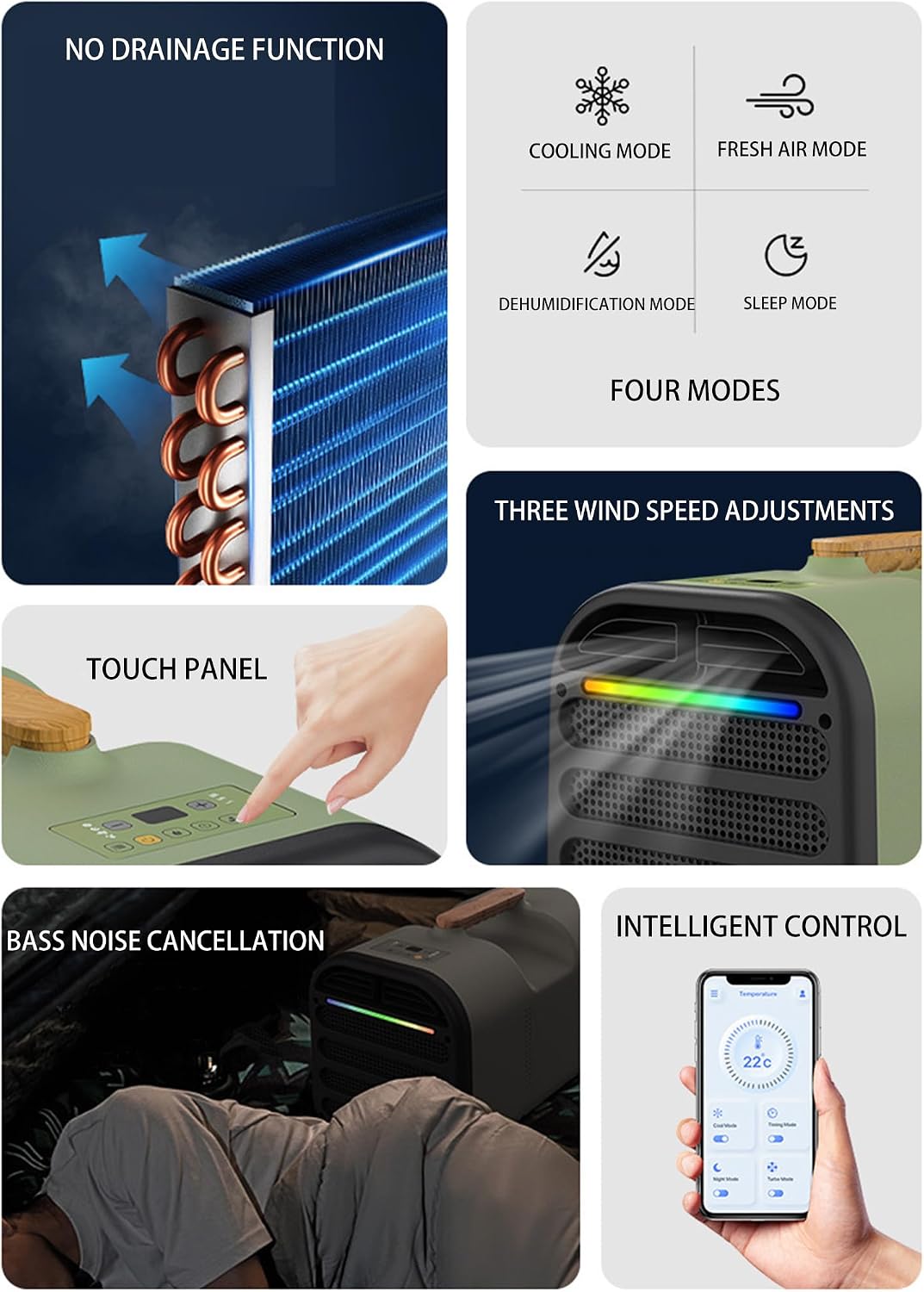 GENERIC Climatiseur Portable Avec Fonction Sans Drainage, écran Tactile, Plusieurs Vitesses Et Modes De Vent Pour La Maison, Le Bureau, Le Dortoir Et Le Camping
