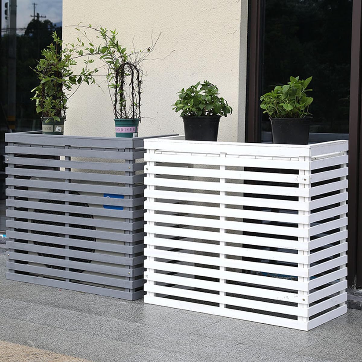 GENERIC Housse De Climatiseur D'extérieur En Bois Massif à Persiennes Avec Capote Résistante Aux Intempéries Et Support De Fleurs 105 X 45 X 95 Cm Et Design élégant