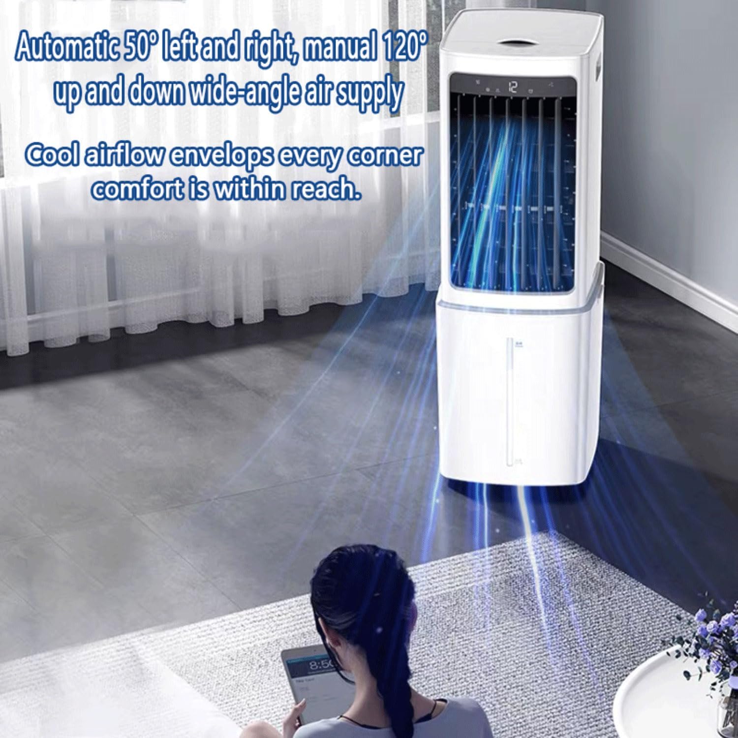  Climatiseur Portable Sans Fenêtre Swamp Cooler Avec Oscillation à 120°, Rafraîchisseur D'air évaporatif, Télécommande, Minuterie 7,5 H, Réservoir D'eau Amovible De 12 L, Ventilateur De Refro