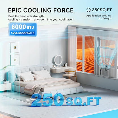  ROVSUN Climatiseur Pour Fenêtre, 6000 BTU, Télécommande Et Minuteur, Idéal Pour Les Pièces Jusqu'à 250 M², 110 V/60 Hz, Blanc