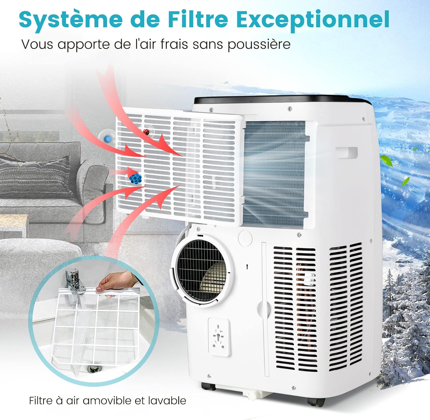  COSTWAY Climatiseur Mobile Silencieux 5 EN 1, Clim 14000BTU Refroidissement Rapide,Chauffage,Ventilateur,Déshumidificateur,Mode Nuit, Climatisation Faible Conso,Wifi