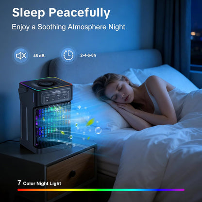  Climatiseur Portable, Unité 4 En 1 Silencieuse Et Portable Avec Télécommande, Refroidisseur D'air Par évaporation De Réservoir De 1100 Ml, 7 Couleurs De Lumière Pour Chambre, Bureau, Camping, Voiture