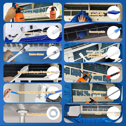  Kit Entretien Climatisation, Kit De Nettoyage Climatisation Split Pour Climatiseur, Bache Nettoyage Clim Avec Parois Latérales Renforcées (Bleu Et Blanc Transparent, Type A)