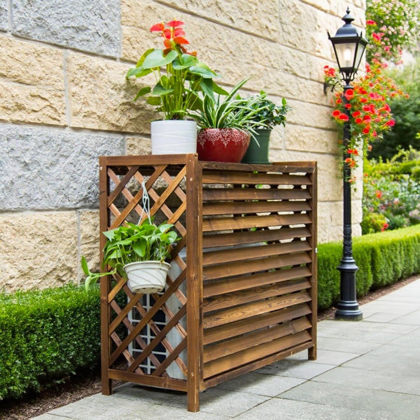  Marron Cache Clim Bois Cache Climatiseur Extérieur Bois Cache Pompe A Chaleur Extérieur Bois Pour Cacher Climatisation Support De Fleur Anti-Corrosion Support De Climatiseur Pour Jardin(110x50x85cm)