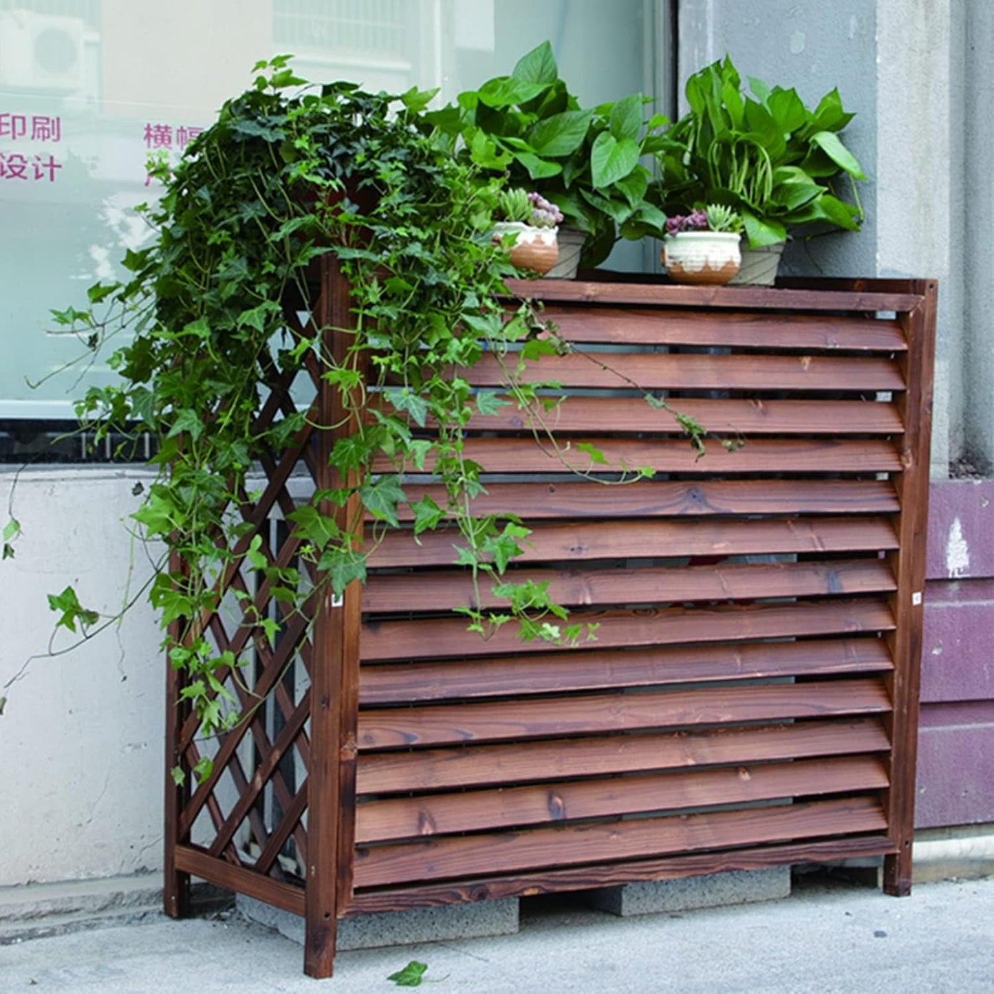  Housse De Protection En Bois Massif Pour Climatiseur Et Garde-corps - 120 X 57 X 100 Cm - Cadre De Protection Pour Volet - Support De Fleurs - Grille De Pompe à Chaleur - Décoration Extérieure Durable