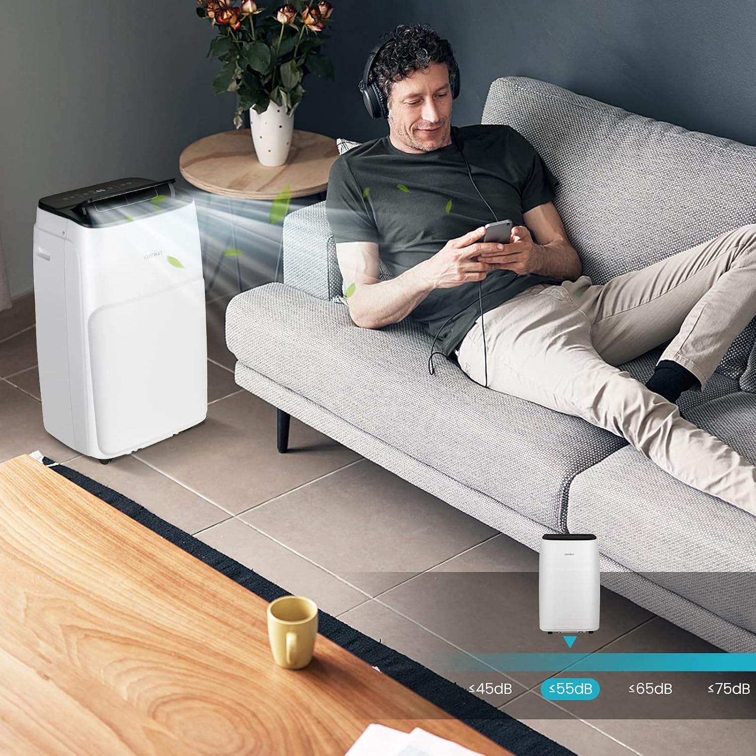  COSTWAY Climatiseur Mobile Silencieux 5 EN 1, Clim 14000BTU Refroidissement Rapide,Chauffage,Ventilateur,Déshumidificateur,Mode Nuit, Climatisation Faible Conso,Wifi