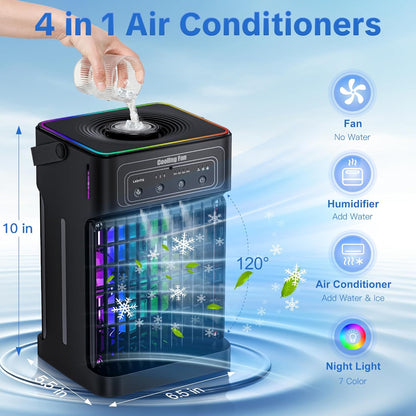  Climatiseur Portable, Unité 4 En 1 Silencieuse Et Portable Avec Télécommande, Refroidisseur D'air Par évaporation De Réservoir De 1100 Ml, 7 Couleurs De Lumière Pour Chambre, Bureau, Camping, Voiture
