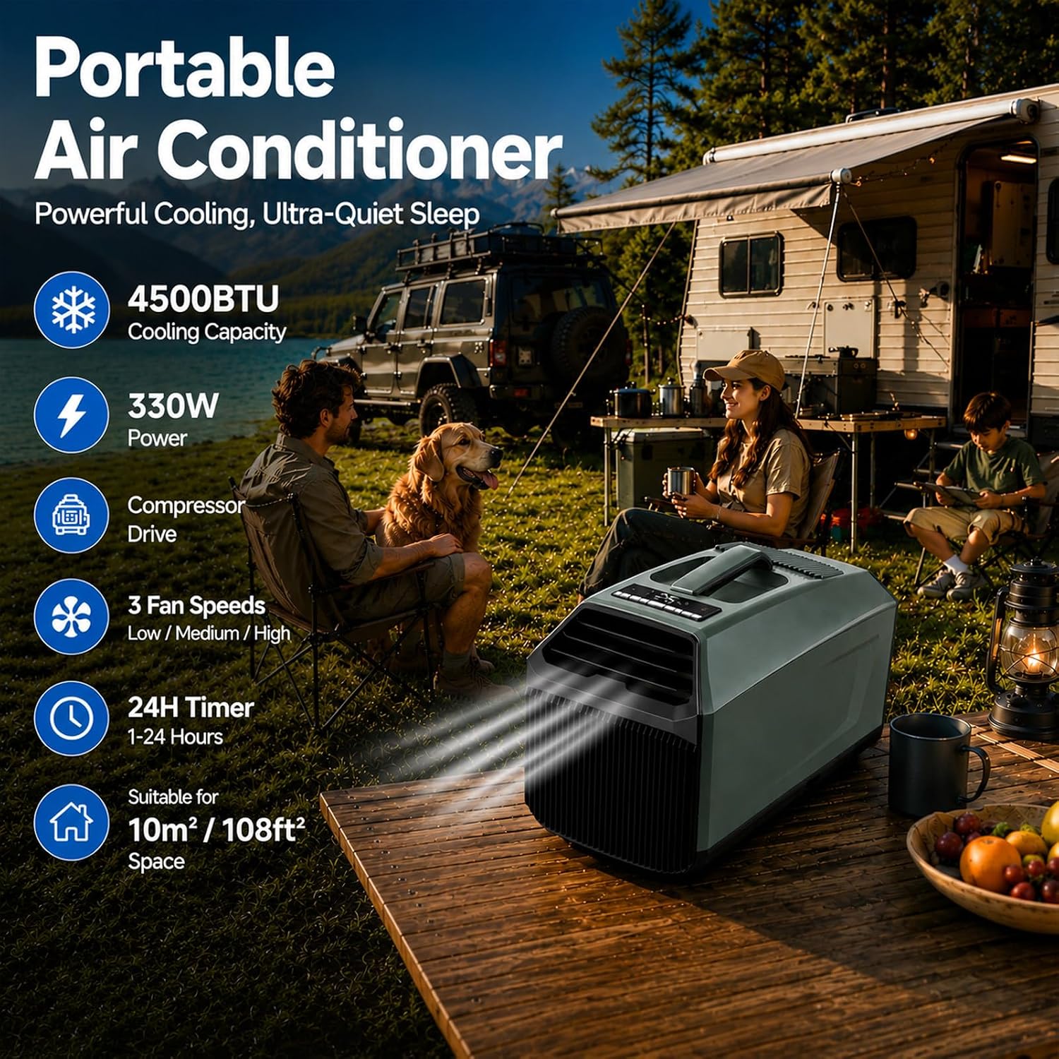  Climatiseur Portable 4500/5100 Btu, Silencieux, Avec Télécommande, 10㎡ /108 Sq.ft,pour Tente, Camping-Car, Fourgon Aménagé, Intérieur Et Extérieur. Faible Consommation 220VAC