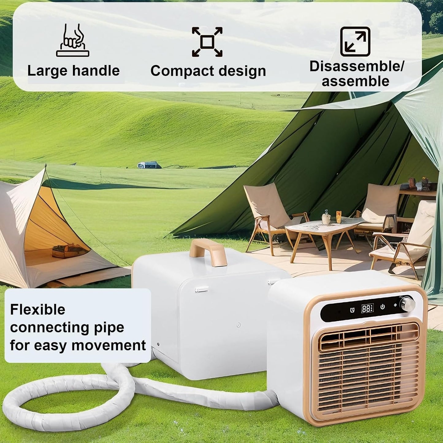  130m3/h Split AC, Refroidisseur De Camping Silencieux Avec Télécommande WiFi, 12H Minuterie, Conception Légère Sans Tuyau Pour Camion De Tente De Camping-Car Caravane à L'extérieur