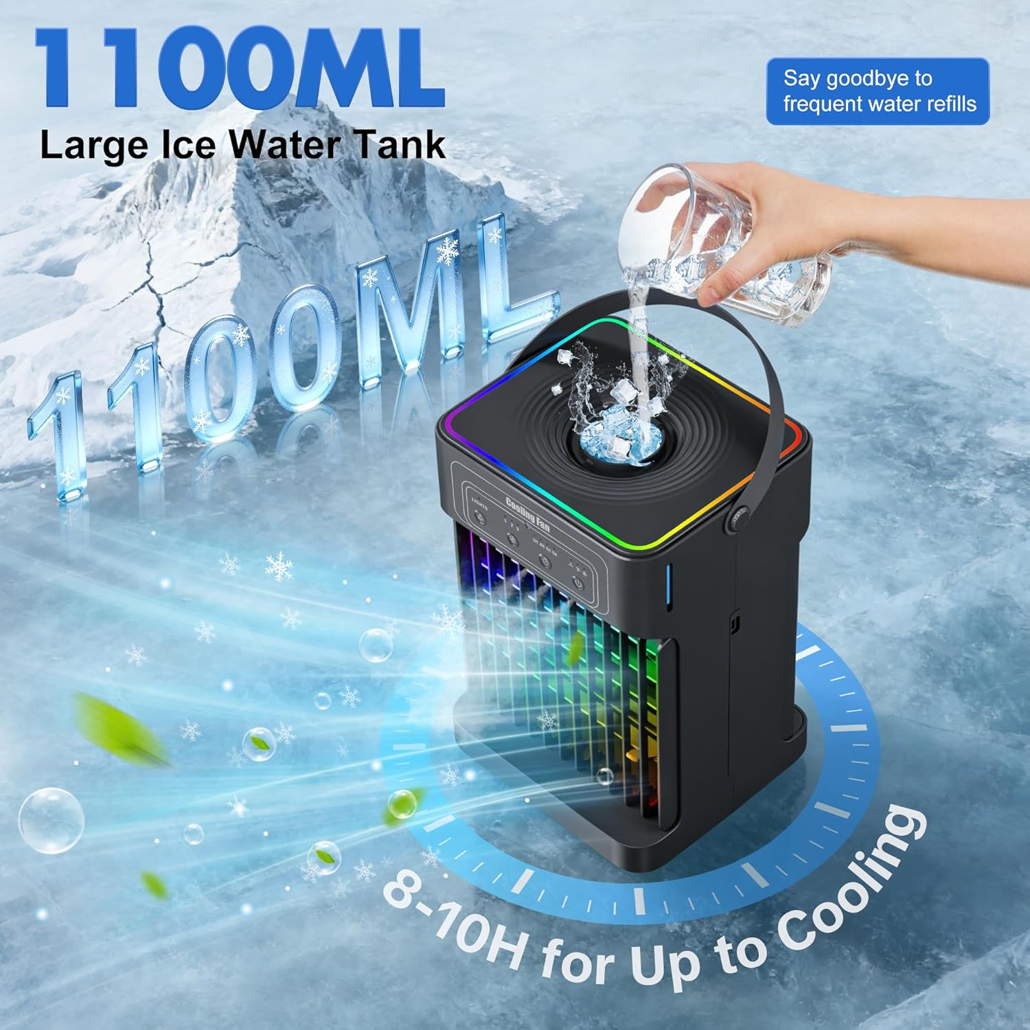  Climatiseur Portable, Unité 4 En 1 Silencieuse Et Portable Avec Télécommande, Refroidisseur D'air Par évaporation De Réservoir De 1100 Ml, 7 Couleurs De Lumière Pour Chambre, Bureau, Camping, Voiture