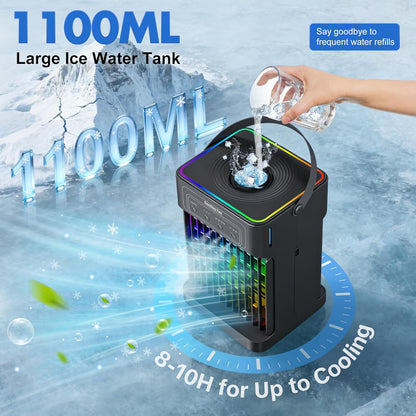  Climatiseur Portable, Unité 4 En 1 Silencieuse Et Portable Avec Télécommande, Refroidisseur D'air Par évaporation De Réservoir De 1100 Ml, 7 Couleurs De Lumière Pour Chambre, Bureau, Camping, Voiture