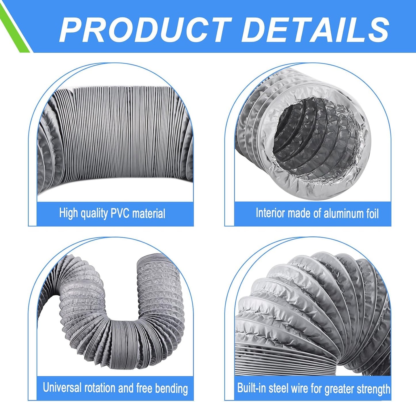  Tuyau Ventilation PVC 100mm Pour Hotte Aspirante 3m Flexible Tuyau D'Evacuation Avec 2 Colliers De Serrage Et 1 Adhésif Aluminium Pour Climatisation Extracteur D'Air Ventilateur Tubulair Gris