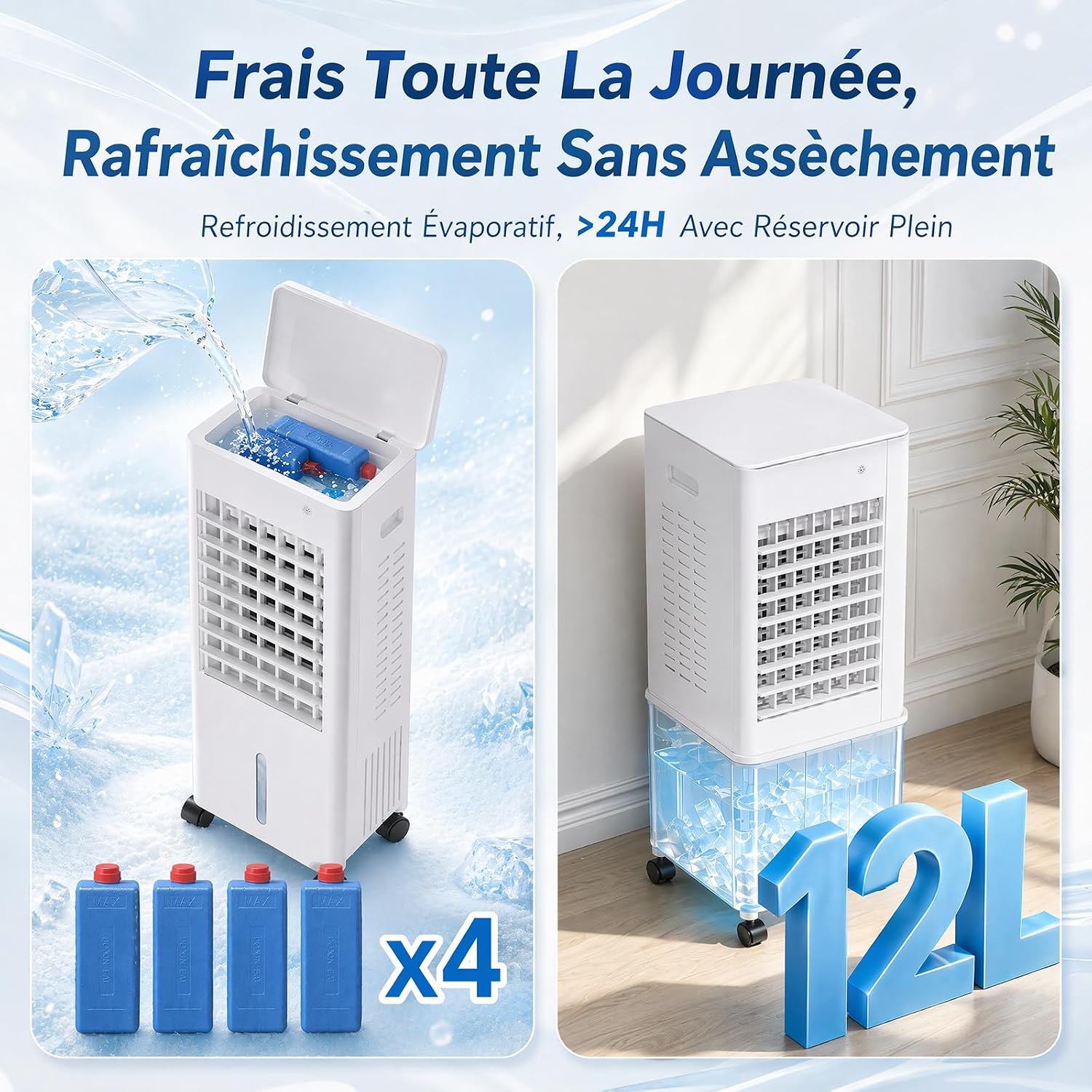  Climatiseur Mobile 4 En 12L Sans Tuyau D’Évacuation,Climatiseur Portable Silencieux Climatiseur,avec 4 Blocs Réfrigérants,3 Vitesses,Minuterie 12H,Humidificateur Télécommande,Salon,Bureau
