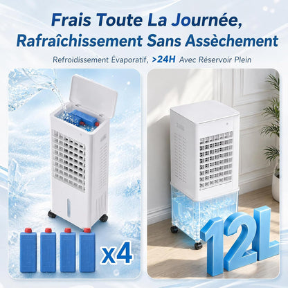  Climatiseur Mobile 4 En 12L Sans Tuyau D’Évacuation,Climatiseur Portable Silencieux Climatiseur,avec 4 Blocs Réfrigérants,3 Vitesses,Minuterie 12H,Humidificateur Télécommande,Salon,Bureau