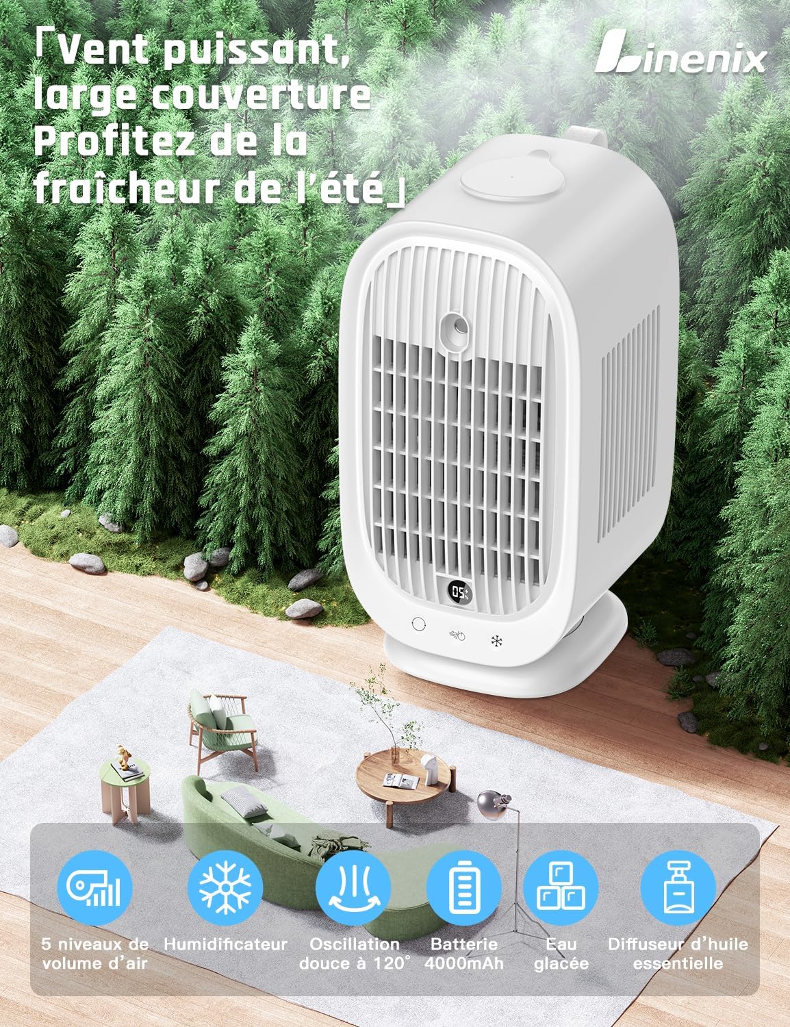  Climatiseur Mobile, Climatiseur Portable, Refroidisseur D'air 4 En 1, 45°/90°/120° Oscillation, 5 Vitesses, 2 Modes De Brume, Avec Affichage LED, Idéal Pour Maison, Bureau