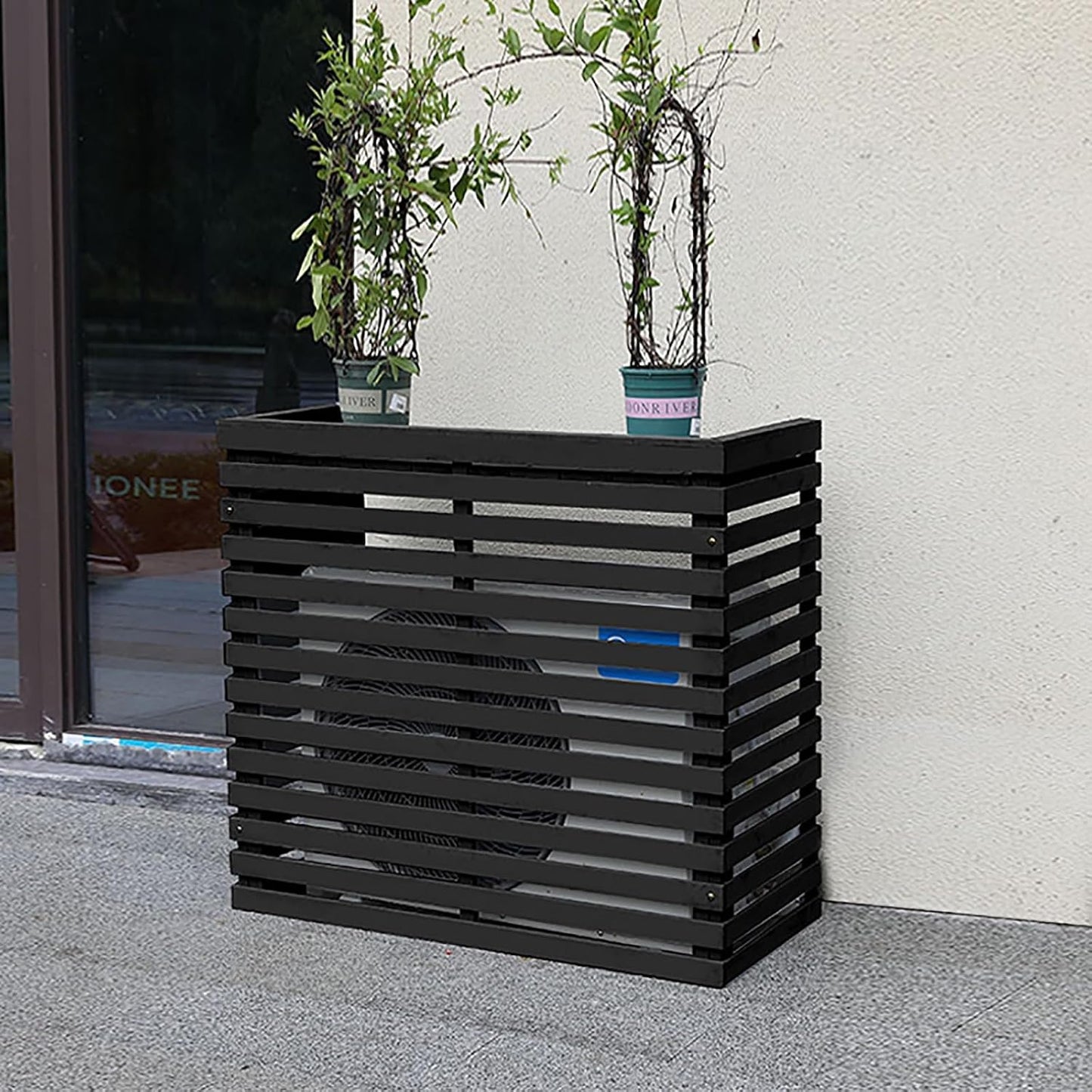 GENERIC Housse De Climatiseur Extérieur, Boîtier De Climatisation En Bois Massif, Avec Support Floral, Housse De Climatisation Résistante Aux Intempéries, Protection Mobile Pour Climatiseur (couleur : Noir)