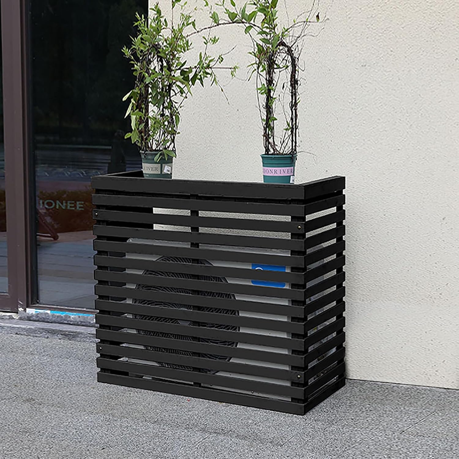 GENERIC Housse De Climatiseur Extérieur, Boîtier De Climatisation En Bois Massif, Avec Support Floral, Housse De Climatisation Résistante Aux Intempéries, Protection Mobile Pour Climatiseur (couleur : Noir)